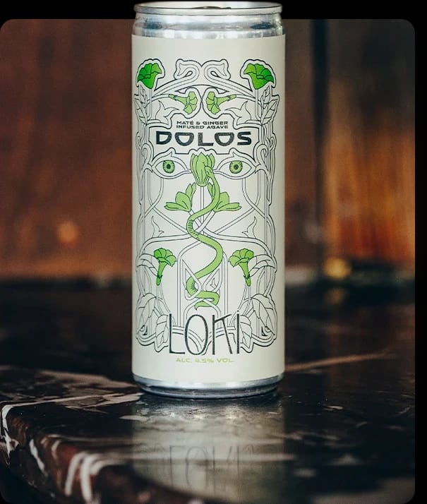 A can of Dolos Loki on a dark marble bar