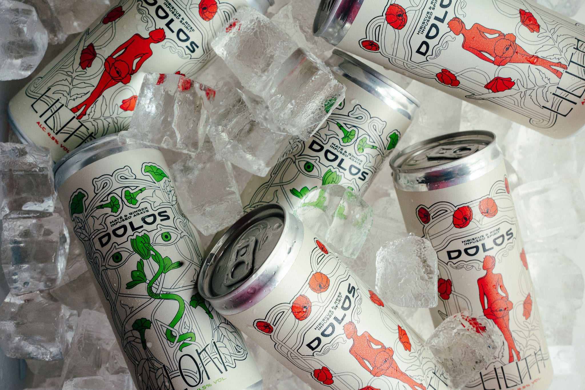 Dolos Loki and Lilith cans lying in crushed ice